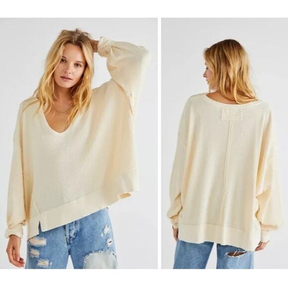Free People Santa Clara Thermal Pullover Sweater Top in Alabaster Waffle Knit - Picture 3 of 12